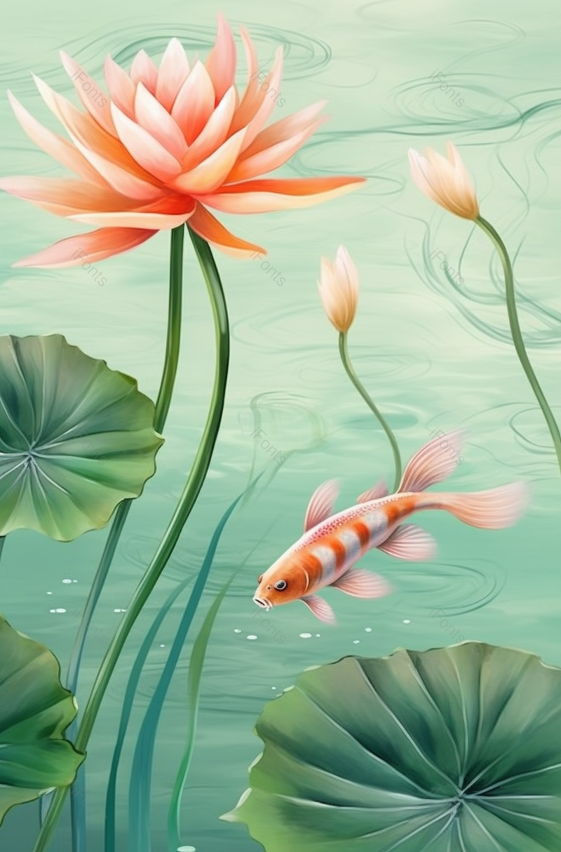 中国风夏天荷花在池塘里绽放锦鲤背景插画,插画/手绘图,插画/手绘图库,插画/手绘图下载,插画/手绘